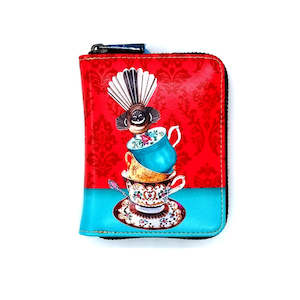 Small Zipped Wallet - Angie Dennis, Fantail on Stack of Teacups - NZ ARTISTS COLLECTION