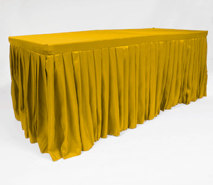 Function equipment renting, leasing or hiring: Bright Gold Fitted Tablecloth with Pleated Table Skirting for 6ft Trestle Tables