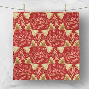 CLEARANCE Christmas Napkins - Merry Christmas Gold Bows on Red (50x50cm)