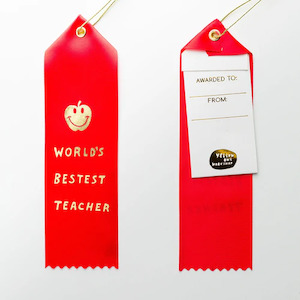 Clothing accessory: Award Ribbon / Bookmark w Note - World's Bestest Teacher