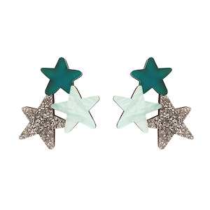 Triple Star Studs - Green & Silver