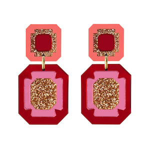 Clothing accessory: Double Gem Drop Earrings - Red