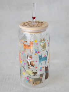 Clothing accessory: Glass Tumbler with Lid and Straw - Cats