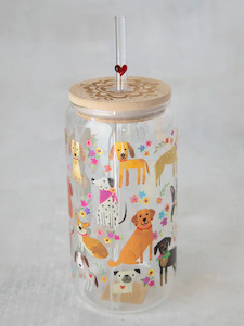 Glass Tumbler with Lid and Straw - Dogs