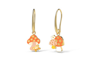 Asymmetrical Cloisonné Drop Earrings - Mushroom Butterfly