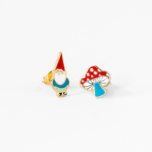 Clothing accessory: Asymmetrical Cloisonné Stud Earrings - Gnome & Mushroom