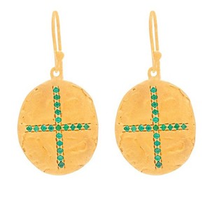 Earrings - Gold Plate Oval Green Zircon Cross