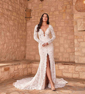 Fitted Lace Wedding Gown with Low V Neckline + Sleeves - Posie SR2403 Madi Lane