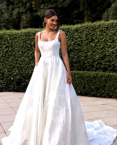 Jacquard Satin A-Line Wedding Dress with Square Neckline at Madison Rose Bridal