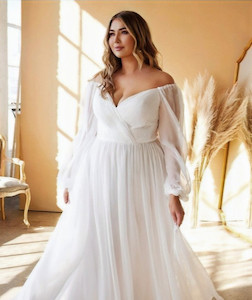 Off Shoulder Chiffon Plus Size Wedding Dress at Madison Rose Bridal