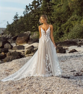 Products: Jenica by Madi Lane lace a line wedding dress with plunge neckline and low back