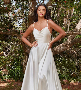 Affordable Satin Simple Modern Wedding Dress with Cowl at Madison Rose Bridal - Emery