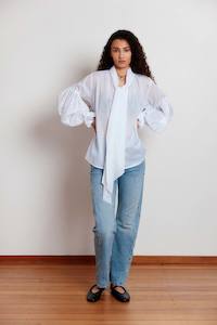 Bow Blouse in White Cotton Voile