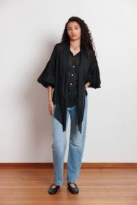 Bow Blouse in Black Cotton Voile