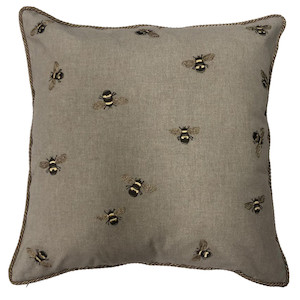 Hand Embroidered Bee Cushion – Natural (55×55)