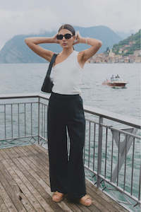 Pants Shorts Leggings: Among the Brave Guardian Linen Viscose Elastic Back Pants - Black