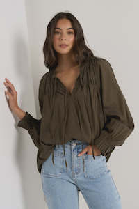 Ivy & Jack Artist Cotton LS Tie Front Relaxed Gathered Top - Olive