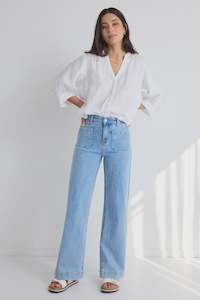 Among the Brave Zoey High Rise Wide Leg Pocket Jean - Light Blue