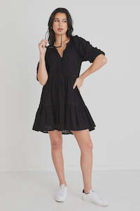 Among The Brave: Among the Brave Gemini Broiderie Balloon Sleeve Tiered Mini Dress Black