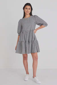 Among The Brave: Among the Brave Anytime Gingham Tie Puff Sleeve Tiered Mini Dress Black