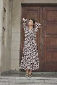 Ivy + Jack Aria Pink Floral LS V Neck Tiered Maxi Dress Pink