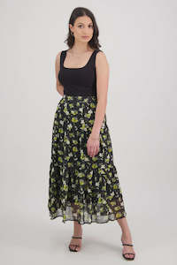 Ivy + Jack Willow Black Floral Tiered Midi Skirt Black