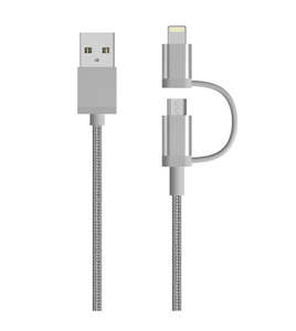 2 In 1 USB To Lightning And Micro USB Data Sync Charge Cable Silver 1m