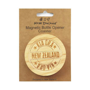 New Zealand Kia Ora Magnetic Bottle Opener Bamboo Coaster 8cm - NZ Fridge Magnet Souvenir