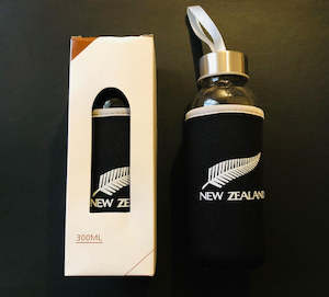 New Zealand Silver Fern Glass Water Bottle With Holder Cuddler 300ml NZ Souvenir