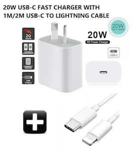 Charging Adapters Cables: 20W Fast Charging USB Type-C Charger NZ/AU Plug + USB-C to Lightning Cable Set