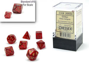 CHESSEX MINI 7 DIE POLYHEDRAL DICE SET: GLITTER RUBY RED/GOLD