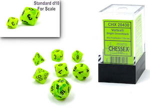 CHESSEX MINI 7 DIE POLYHEDRAL DICE SET: VORTEX BRIGHT GREEN/BLACK