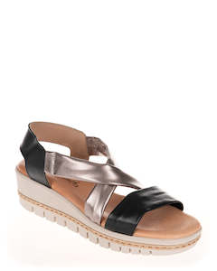 X Bonita J700 Black & Gunmetal Leather Wedge Sandal