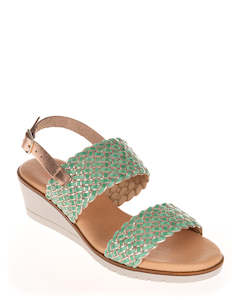 Wedges: Nu X Neo Dusa Mint/Metal Woven Leather Wedge Sandal