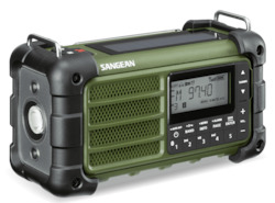 Frontpage: Sangean MMR-99FG Multi powered tramping, camping, outdoor emergency radio with torch and battery bank. Forest Green