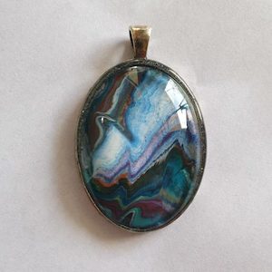 Pendant Blue Landscape on Silver Oval