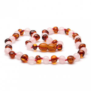 Amber Teething Necklace - Baltic Light Rose Quartz 32cm