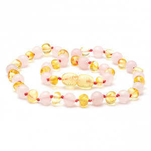 Amber Teething Necklace - Honey Rose Quartz 32cm