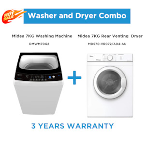 Household appliance: Midea 7kg White Laundry Combo - 7KG Top Load Washing Machine + 7kg Vented Drye  | 3 Years Warranty |