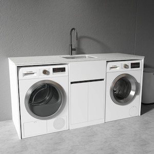 1800MM White Laundry Tub-Plywood Cabinet & Marble Bench with Stainless Steel Sink