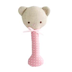 Clothing: Alimrose - Baby Bear Stick Rattle - Pink with White Spot