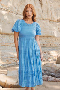 Graceful French Blue Shirred Cotton Bubble Sleeve Tiered Maxi Dress