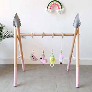 Blush Wooden Baby Gym with 4 Felt Toys