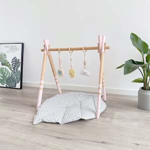 Wooden Baby Gym with 3 Crochet Toys -Pink