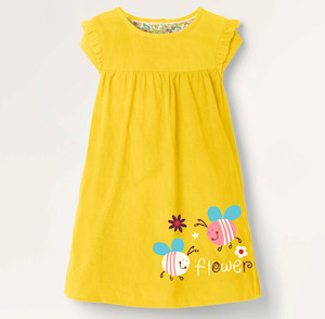 Bee Flower Embroidery Pure Cotton Yellow Sleeveless Girl Summer Dress