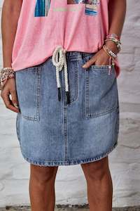 Skirts: Draw Cord Denim Skirt Stonewash