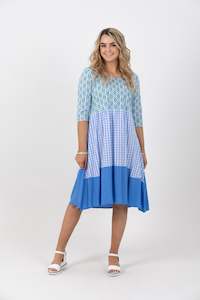 Amalfi Print Check Tiered Dress Blue