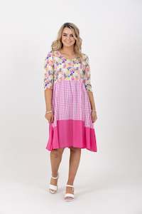 Amalfi Print Check Tiered Dress Pink/White