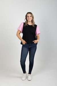 Mint The Label: Peony Top Black With Pink Chiffon Sleeve