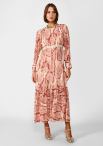 Long Abstract Print Dress with Darts and Sash Belt - Rosa